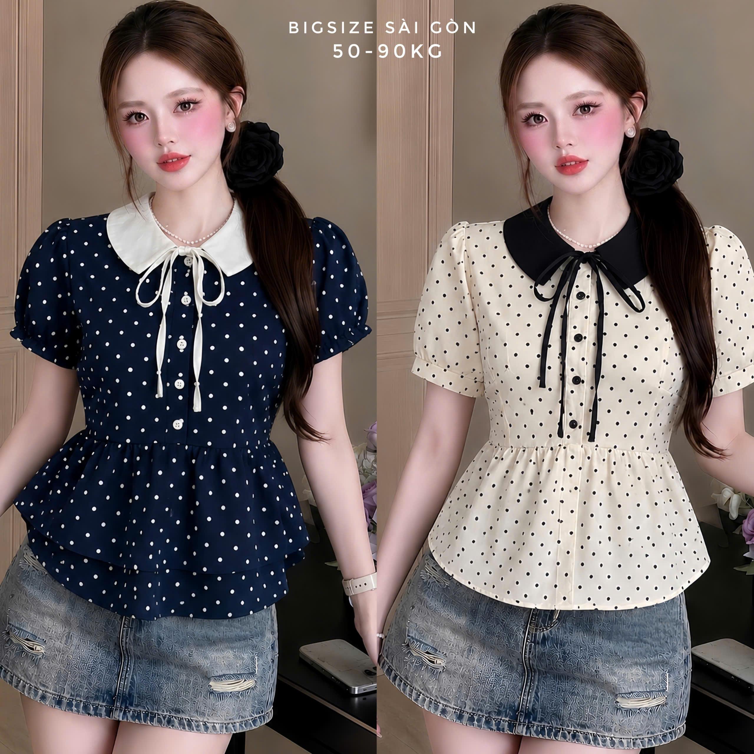 Áo Sơ Mi Nữ Chấm Bi Cổ Sen Thắt Nơ – Form Bèo Peplum Bigsize 40–90kg BIgsize Sài Gòn - A.1884