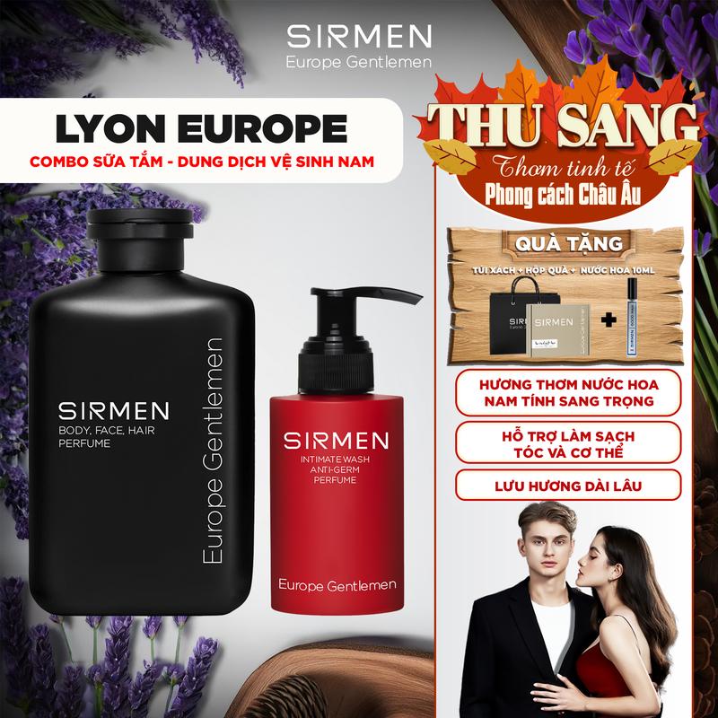 Bộ quà tặng cho nam LYON EUROPE - Gồm Sữa tắm nam 350g và Dung dịch vệ sinh nam 100g SIRMEN Europe Gentlemen chiết xuất cao cấp công nghệ tiên tiến | TẶNG TÚI XÁCH & NƯỚC HOA 10ML
