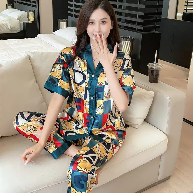 Letter Light Luxury Ice Silk Pajamas Women's Summer Short Sleeve Trousers Suit V-neck Cardigan Loose Artificial Silk Home Wear Loungewear Nightwear Lingerie Lady Pajama Set Pjs Comfort Womenswear Homewear