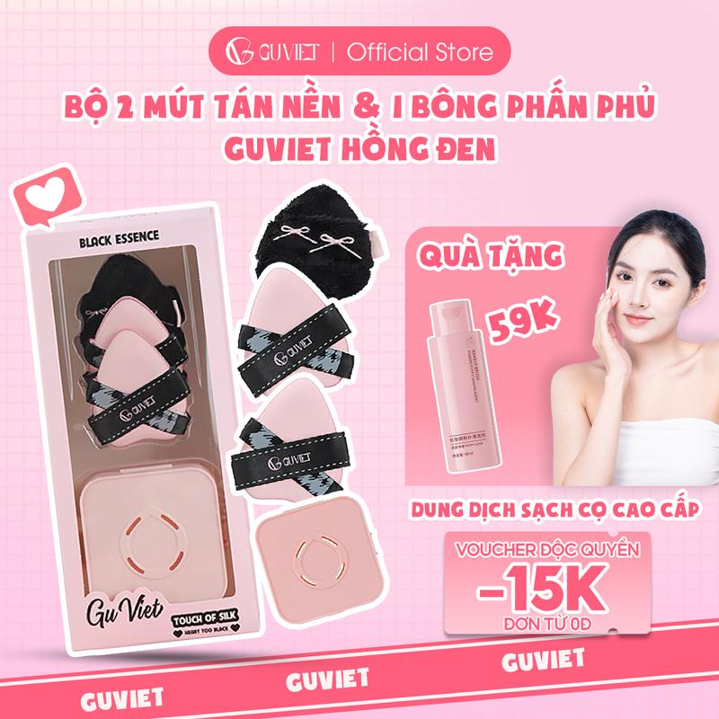 ￼Bộ bông mút trang điểm tán kem nền và phấn phủ GUVIET màu hồng đen gồm 2 mút tán nền và 1 bông phấn phủ
