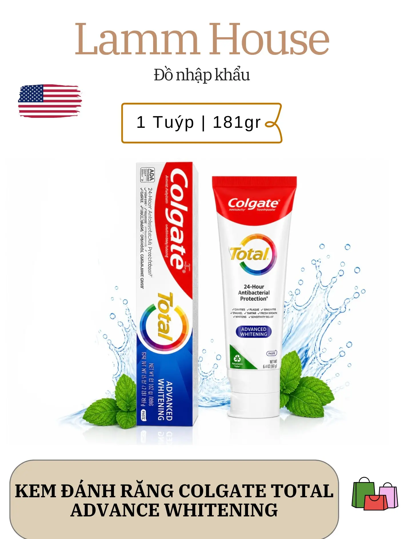 KEM ĐÁNH RĂNG COLGATE TOTAL ADVANCED WHITENING 181G/TUÝP CỦA MỸ