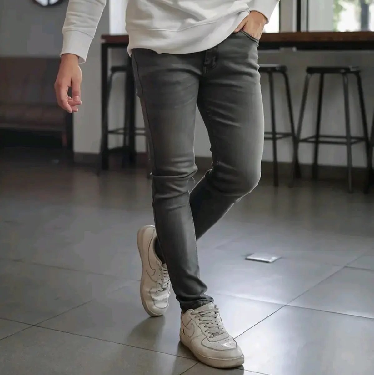 Celana Jeans Panjang Pensil Skinny Strech denim nyaman slim fit pria melar darkgrey
