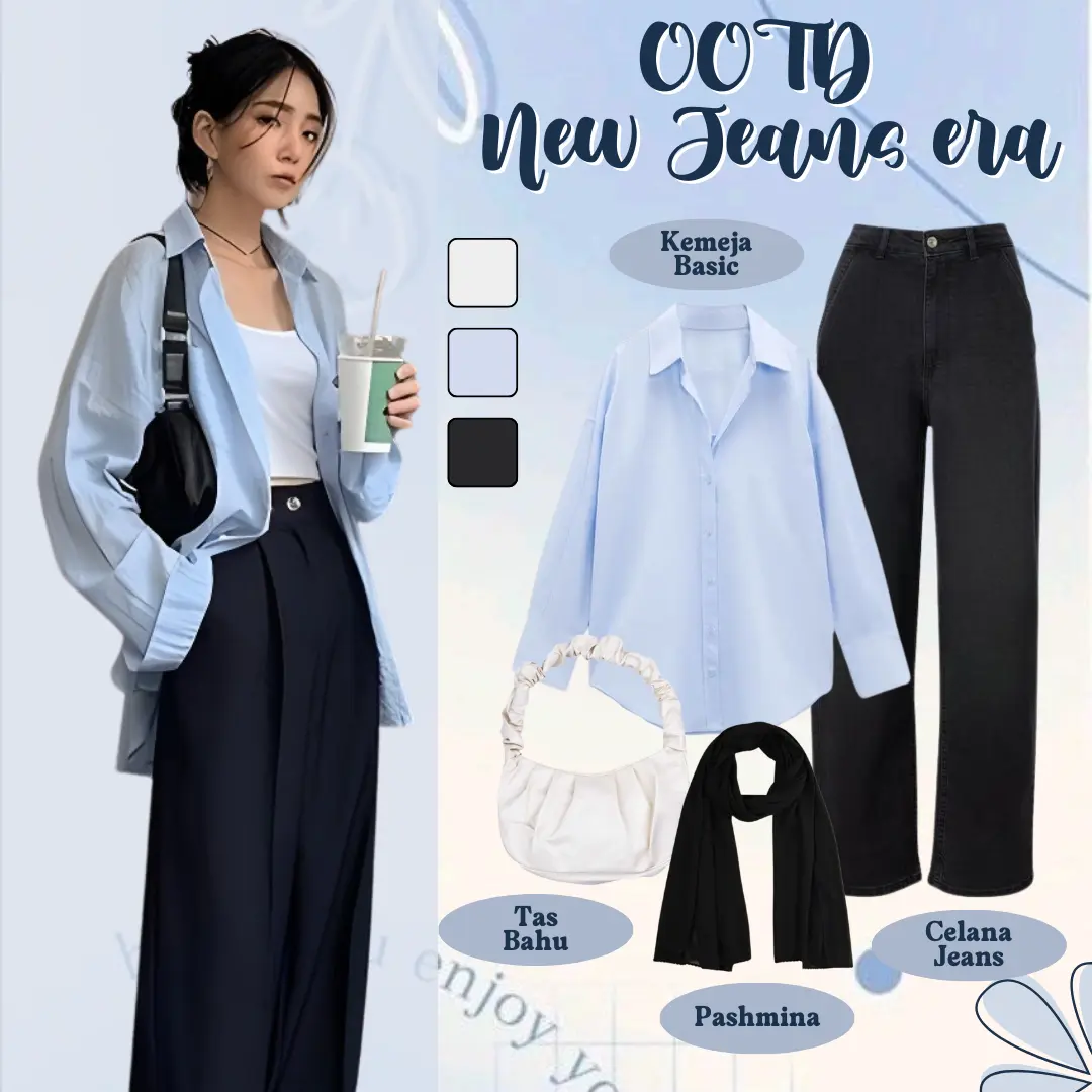 One Set Outfit Remaja - Atasan Kemeja Wanita Kuliah Korean Style, Celana Jeans High Waist Tebal, Jilbab Pashmina Ceruti Anti Letoy LQ008 Baju Biru Basic Panjang