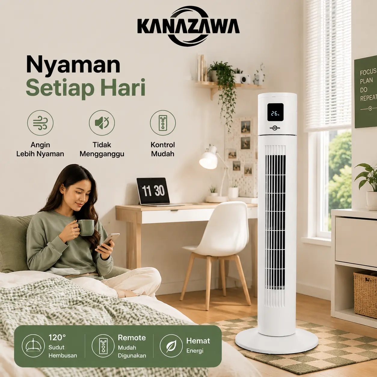 KANAZAWA TOWER FAN Kipas Menara Kendali Jarak Jauh Osilasi 120° Tampilan LED Kipas Menara Kelas Atas dengan Remote Control dan Pengaturan Waktu 12 Jam Garansi Satu Tahun