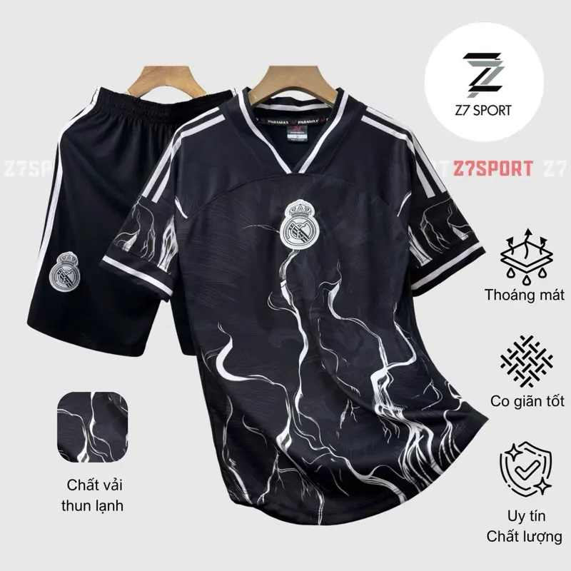 Bộ quần áo bóng đá, đồ đá banh REAL LION “ĐEN” logo THÊU vải thun lạnh cao cấp loại I Top Sport