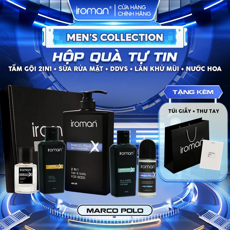 Hộp Quà Tự Tin IROMAN Tắm Gội 2in1 450G + Nước hoa nam 30ML + Sữa Rữa Mặt Nghệ 120G + Tinh Chất Thảo Dược Vệ Sinh Nam 120G + Lăn Khử Mùi 50ml