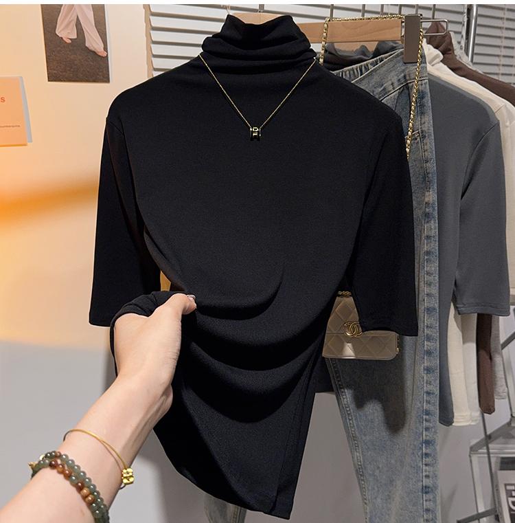 Product Introduction of Shoulder-length black half-high neck mid-sleeve t-shirt women's pre-fall 2024 undershirt with five-quarter sleeve top 10