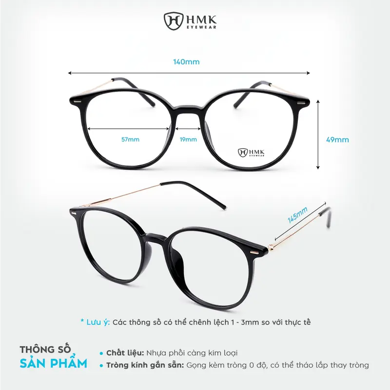 Gọng Kính Cận HMK Eyewear Kim Loại Phối Nhựa Unisex Nam Nữ Dáng Oval Dễ Mang Xinh Xắn, Có Thể Lắp Cận - KL83083 1