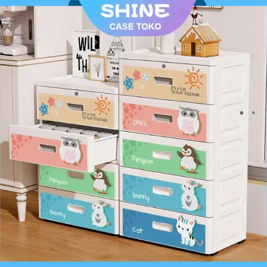 Shine Lemari Plastik Lemari Baju Bertingkat Laci Plastik Kabinet Drawer Storage Serbaguna Tahan Air  Awet PPC Ramah Lingkungan DIY Kamar Ruang Tamu Area Lembab Putih Lemari Penyimpanan Lebar Model Stiker Dengan Kunci Lemari Bayi Estetik Ukuran 2-5 Tingkat