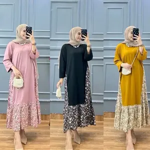 Luppy Midi Dress Wanita Kombinasi Motif Rayon Bunga Jizzy Dress Knit Jumbo Fashion Dewasa Kekinian