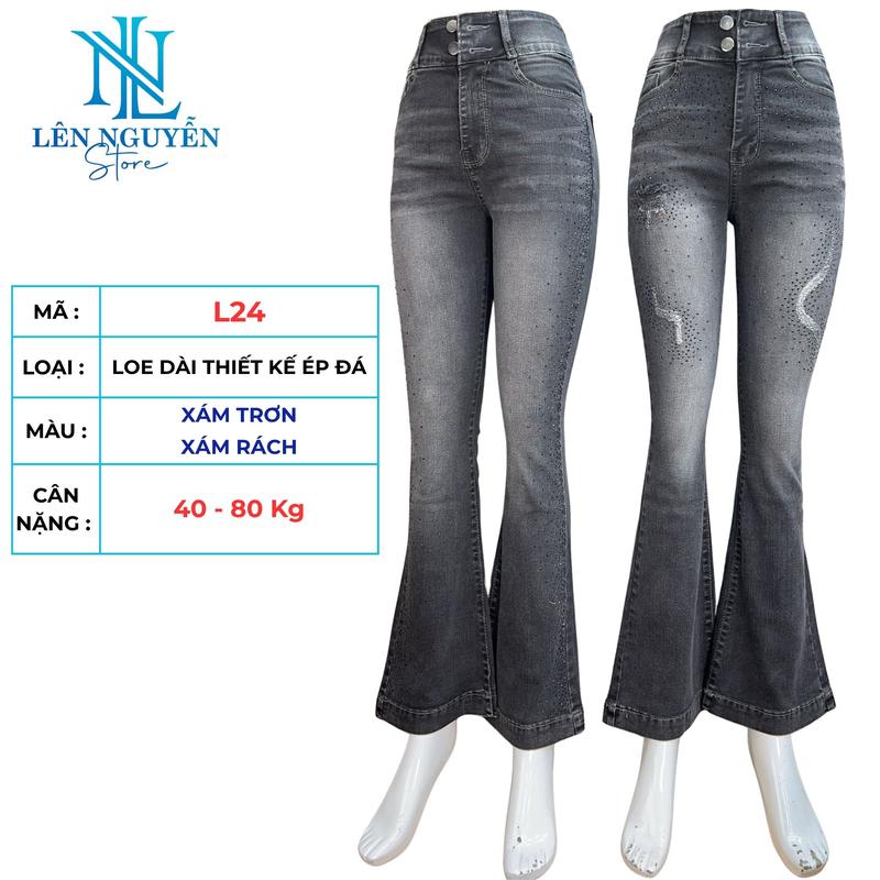 L24 Len Nguyen Store Quần Jean Bò Nữ Loe Dài Lưng Cao 2 Nút Dài 96-98cm Màu Xám Xanh Size 40kg-80kg Thiết Kế Co Giãn Mền Mịn Bigsize Hotgirl Skinny Ống Ôm Trẻ Trung Tự Tin Dễ Phối Đồ. Women Denim Pants