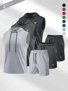 Conjunto de 2 piezas para hombre con capucha: camiseta sin mangas y shorts ajustables. Conjunto transpirable y de secado rápido para gimnasio, entrenamiento, correr y ciclismo. Ropa deportiva para verano.