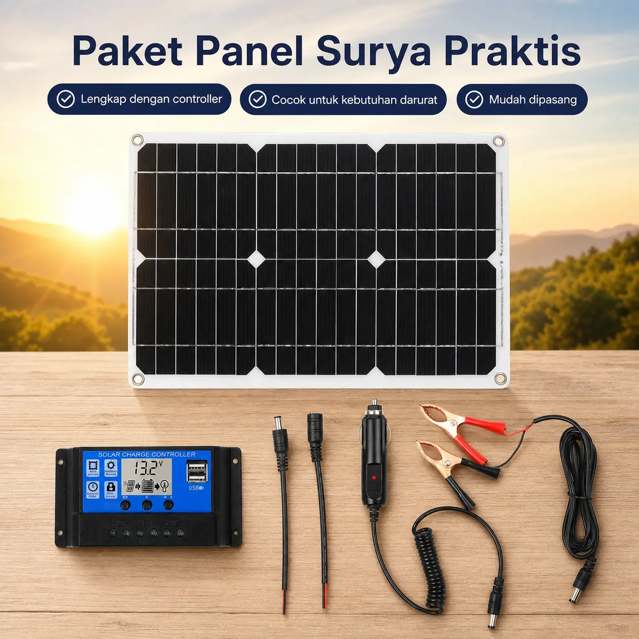 Panel Surya dengan Solar Charge Controller 12V Set Pengisian Daya untuk Aki Mobil Lampu dan Sistem Tenaga Surya Mini dengan Layar Digital dan Port USB - Kabel, Adaptor