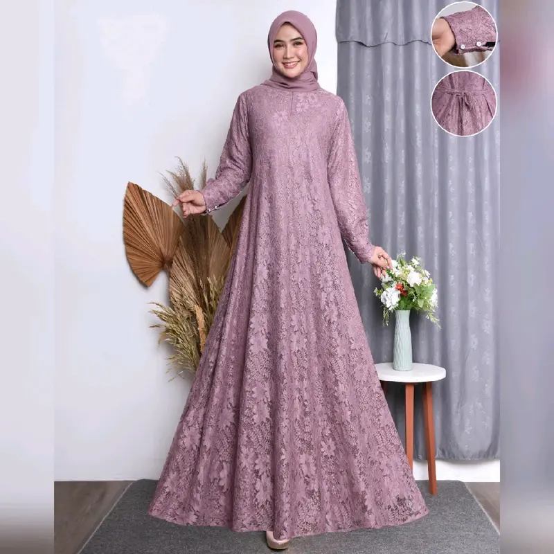 gamis brukat dress jumbo pesta ada ukuran dari m.l.xl.xxl.xxxl free masker Wanita Muslim Kondangan Lembut Tebal 6