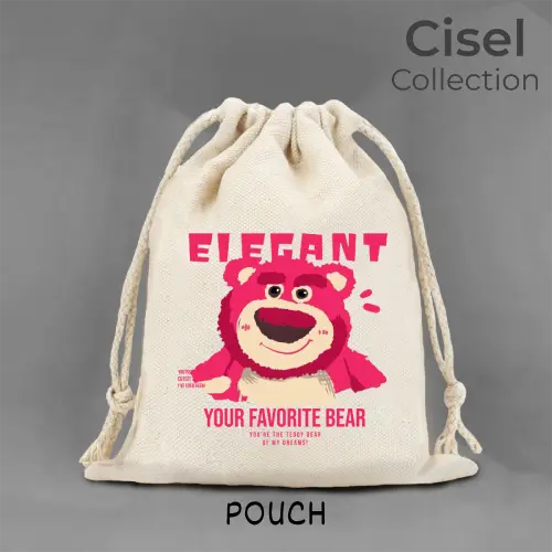 Pouch Serut Organizer Kanvas TEBAL Bear Beruang Pink Lucu Imut Aesthetic Ukuran 15x20 Kecil 25x30 Besar 4