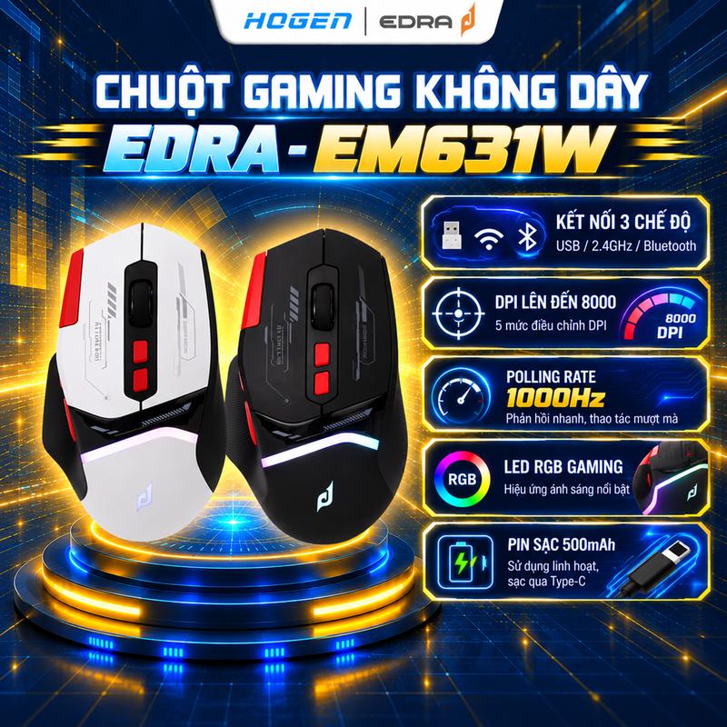 CHUỘT GAMING EDRA EM631W (Inster S203, HUANO 10M, 500mAh, 8000DPI, RGB, USB 2.4G)