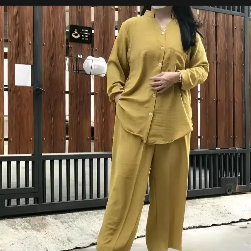 KEMEJA SETELAN WANITA DEWASA JUMBO - ATASAN WANITA DEWASA - STELAN DEWASA BAHAN CRINKEL AIRFLOW Baju Celana Panjang Kerah Balon  Crinkle Standar Linen Casual Bawahan Nyaman Variasi Blazer 2