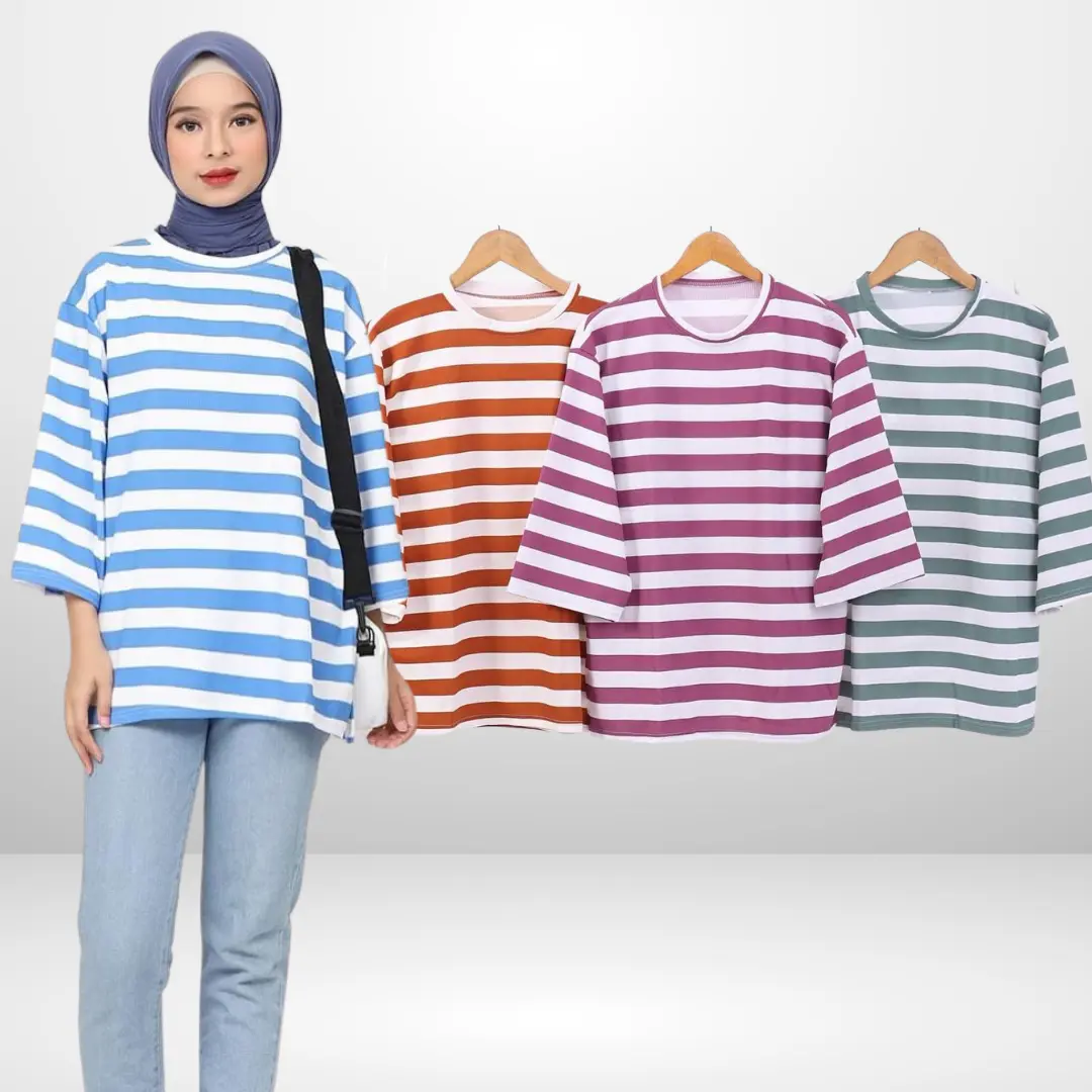 Kaos Oversize Atasan Wanita Kasual Motif Salur Knitwear