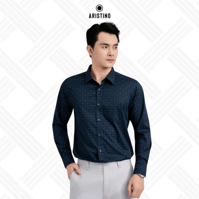 MỚI Áo Sơ Mi Nam Aristino Xanh In hoạt tiết form Regular Fit hoạ tiết Đan Lát độc quyền - ALS1730S2