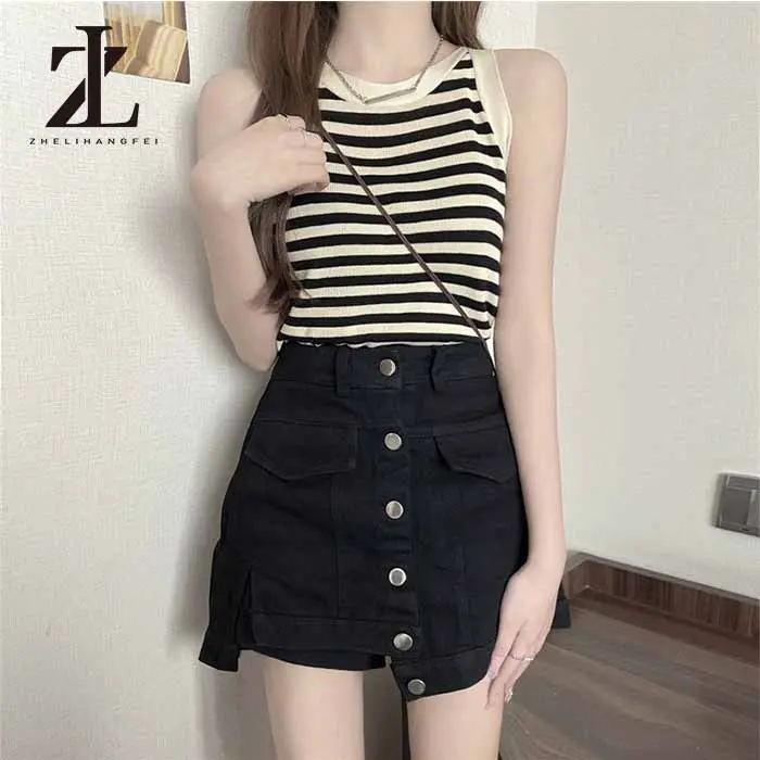 SS24 Áo dệt kim hai dây họa tiết kẻ sọc phong cách cổ điển thời trang mùa hè cho nữ 8