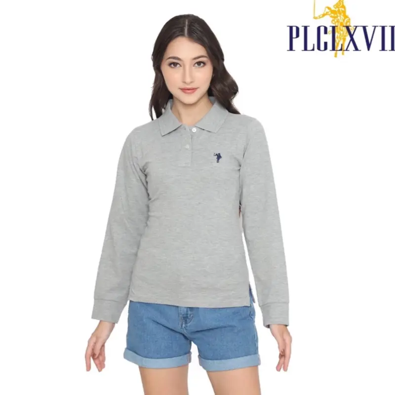 KAOS KERAH POLO WANITA LENGAN PANJANG KUDA KECIL Katun Polos Hitam Putih 2