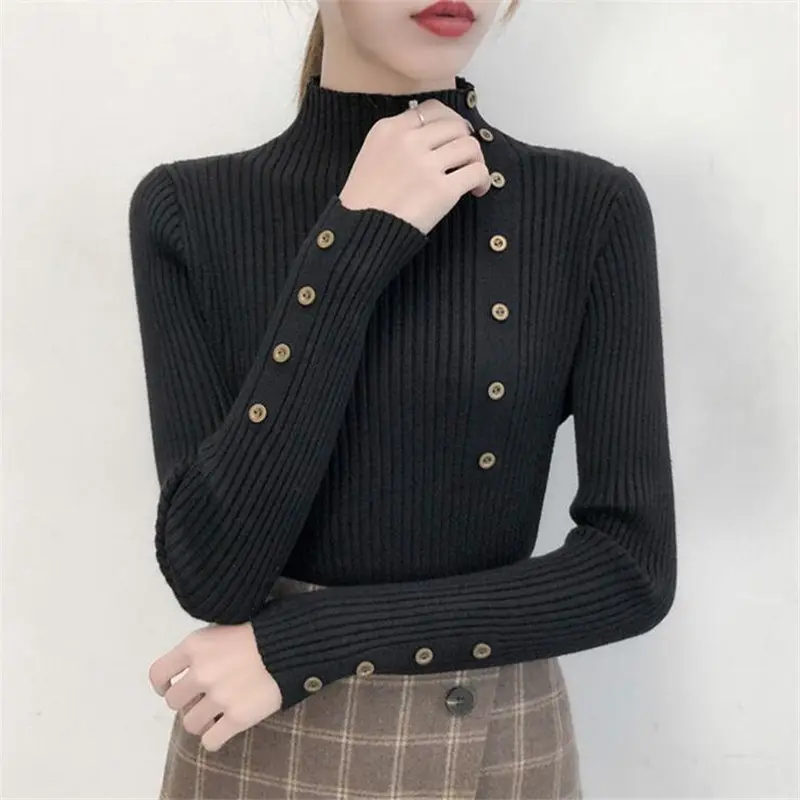 Autumn 2026 Knitted Turtlene Sweaters Women Solid Knitted Cotton Soft Elastic Slim Pullovers Button Full S ve Tops