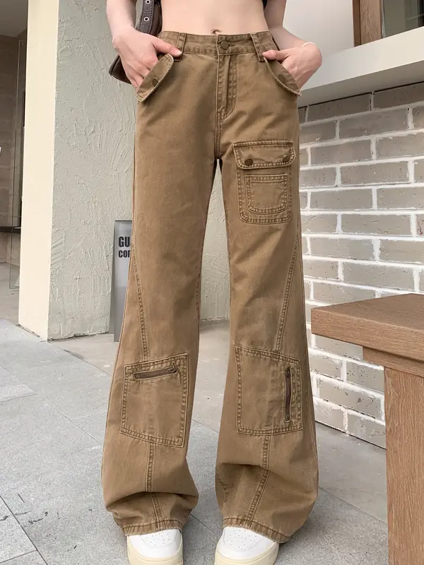 HAZO JEANS-Cargo Jeans Khaki baru versi Highwaist Loose Celana Jeans Wanita Korea Muda Panjang Retro Straight 4
