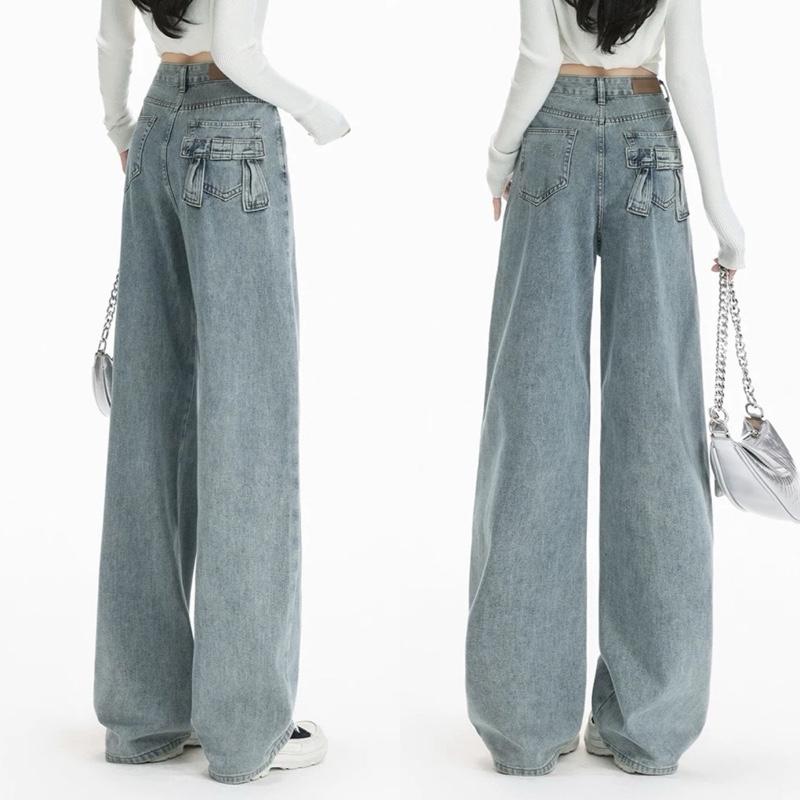 (MINAE STUDIO) Quần Jean Ống Suông Nữ Thêu Nơ Bản To Kèm Thêu Nơ Chỉ Trắng Vải Mềm Mịn