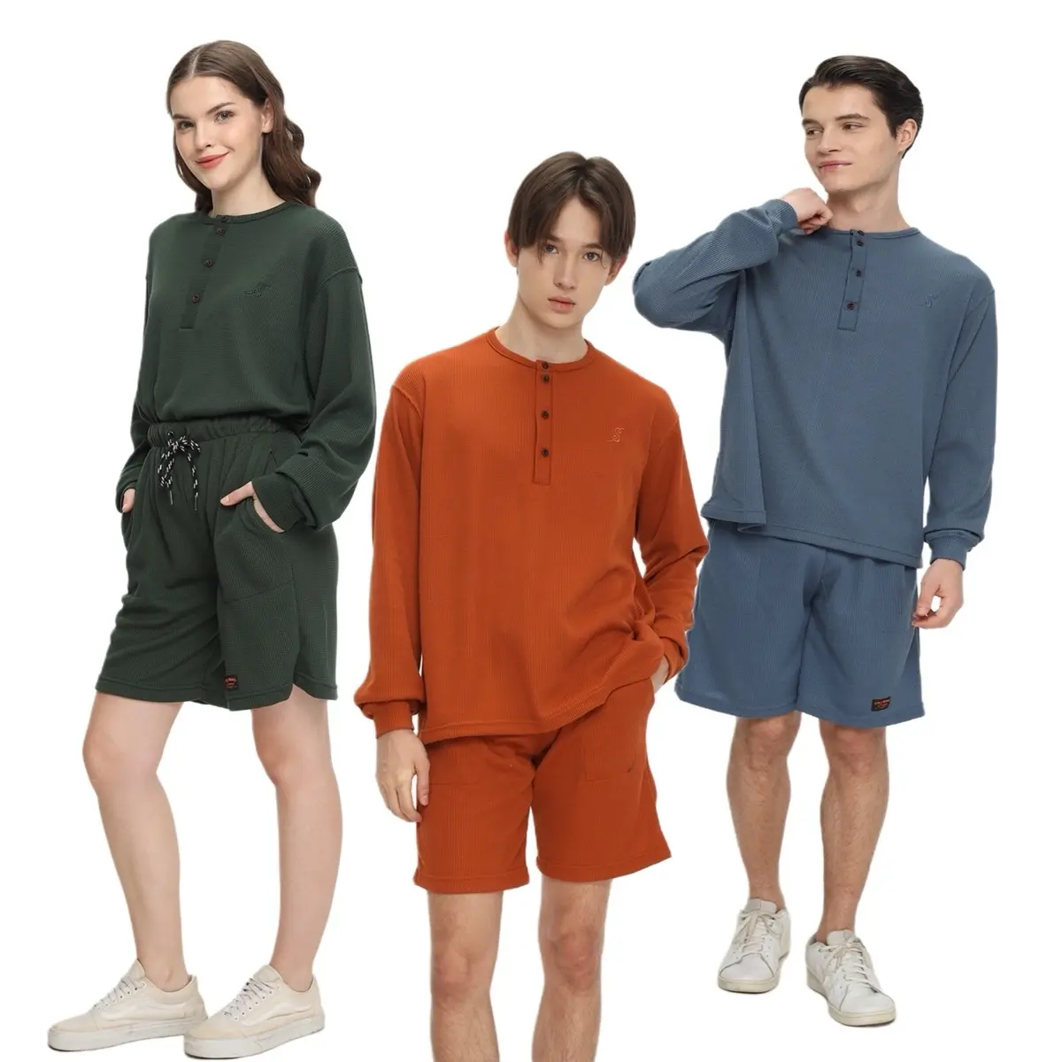 Still Bravo  Collab TR  One set Henley Waffle Knite Bordir  Casual Pria dan Wanita Polos Panjang