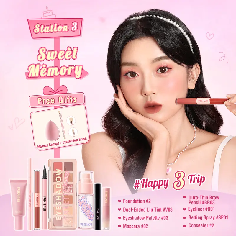 [Official]PINKFLASH #Happy3Journey 3rd Anniversary Makeup Sets 8PCS Beauty set makeup kit face makeup Eyeshadow Eyeliner Mascara Concealer Blush Eyebrow Liquid Loose Palette Foundation Lasting Cover Kosmetik 6