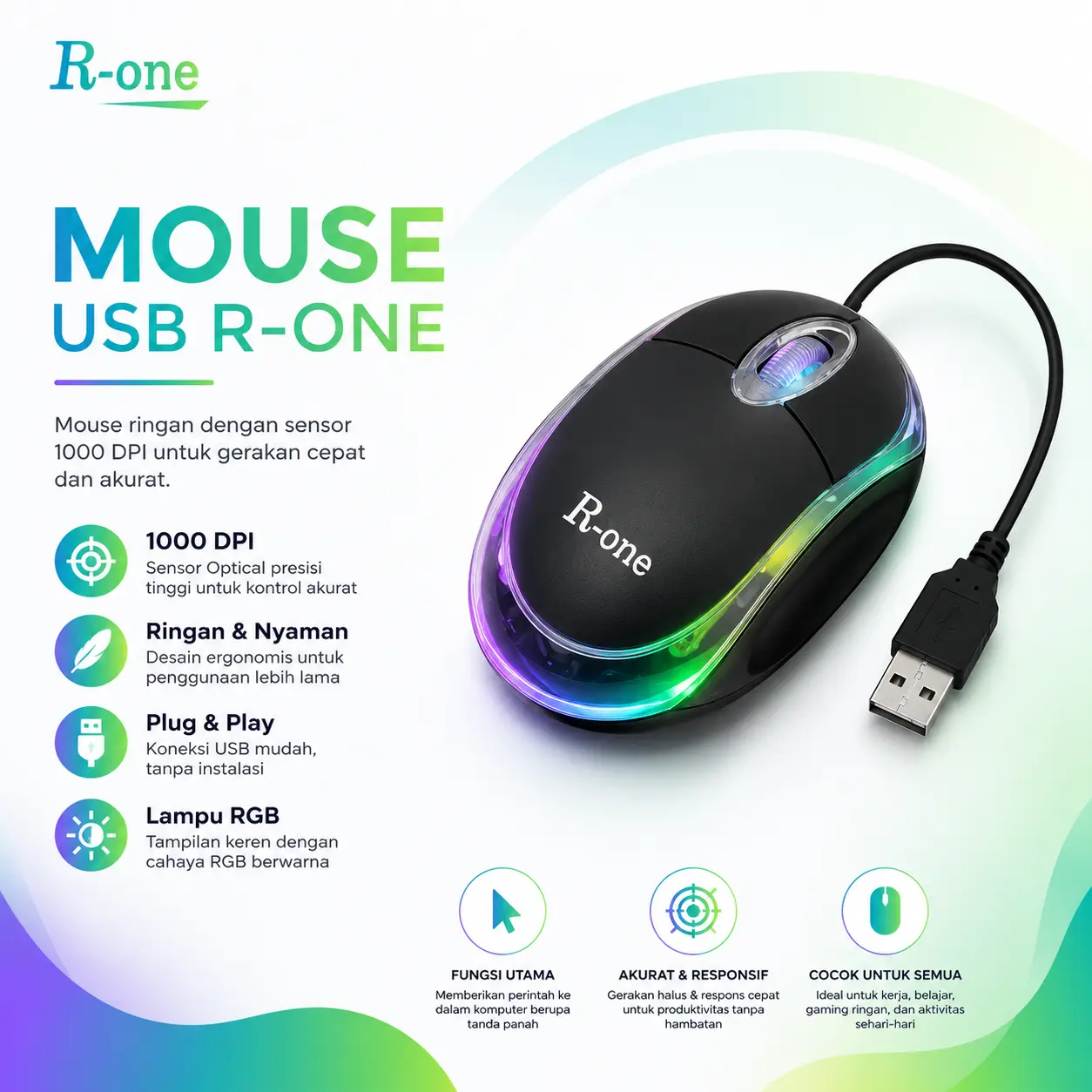 MOUSE USB MURAH R-ONE HITAM MOUSE OPTIC 3D LAPTOP KOMPUTER MOUSE M101 RESOLUSI 1000 DPI HITAM