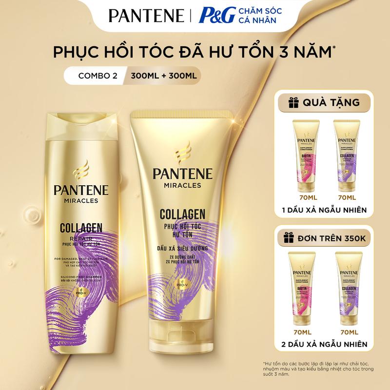 Combo Dầu Gội PANTENE MIRACLES + Dầu Xả Pantene 3MM - Gội Không Silicon và Xả Siêu Dưỡng Tóc Chắc Khỏe/Phục Hồi Hư Tổn - 300ml + 300ml