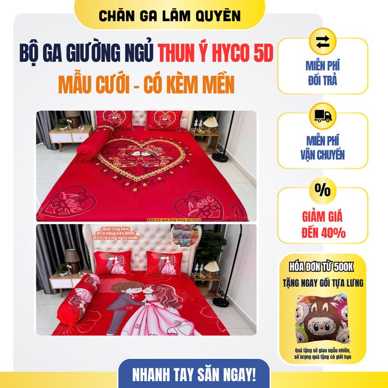 Mẫu Cưới - Bộ ga giường ngủ có mền/ chăn thun lạnh Hyco 5D ôm khóa kéo set  5 món