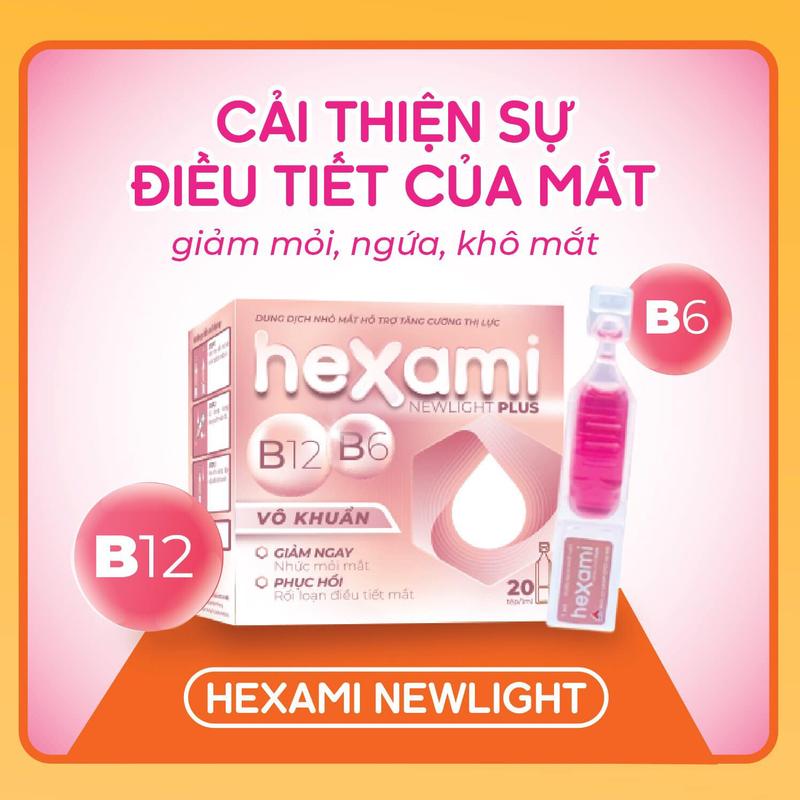 Nhỏ mắt giảm mỏi ngứa khô mắt Hexami Newlight Plus điều tiết mắt dưỡng mắt không chất bảo quản Hộp 20 tép