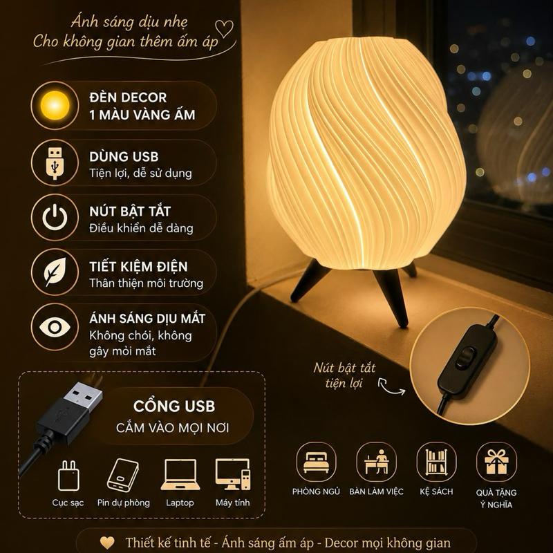 Đèn Decor Dạng Xoắn tròn Vintage USB 1 Màu Vàng Ấm Tiết Kiệm Điện Anh Sáng Dễ Mắt Cho Không Gian Ấm Áp