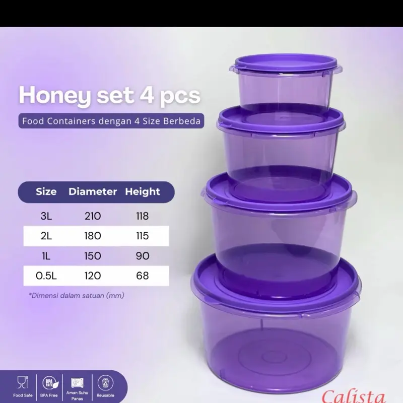 Calista Honey Set 4 Pcs - Satu Set Dapatkan 4 Toples Kontainer Makanan dengan 4 Ukuran Berbeda 3L 2L 1L 0.5L Diameter 210 180 150 120 Tinggi 118 115 90 68 mm.