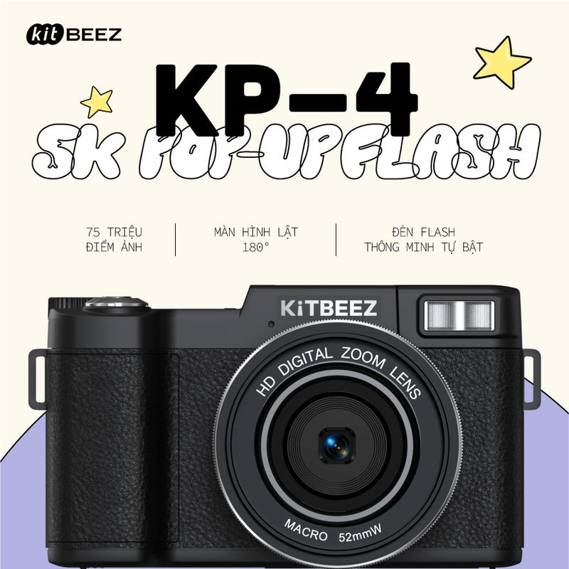 【KiTBEEZ KP-4 Máy Ảnh Số WiFi Kitbeez KP-4 | Màn Hình Lật 180° Tự Chụp | 5K 75MP | Zoom Số 18X | Đèn Flash Thông Minh | Quay Vlog & Selfie Cao Cấp
