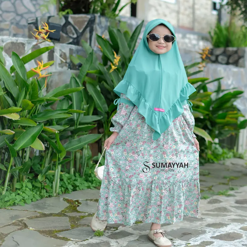 Gamis Rayon Anak Motif Bunga Set Jilbab Jersey Baju Muslim Perempuan Usia 3-10 Tahun 0