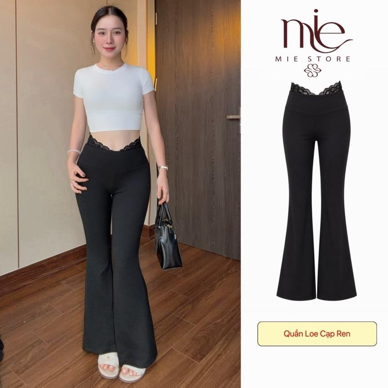 Quần Ống Loe Cạp Phối Ren Vải Mì Nỉ Tôn Dáng ,Quần Loe Co Giãn Phong Cách Hàn Quốc M805