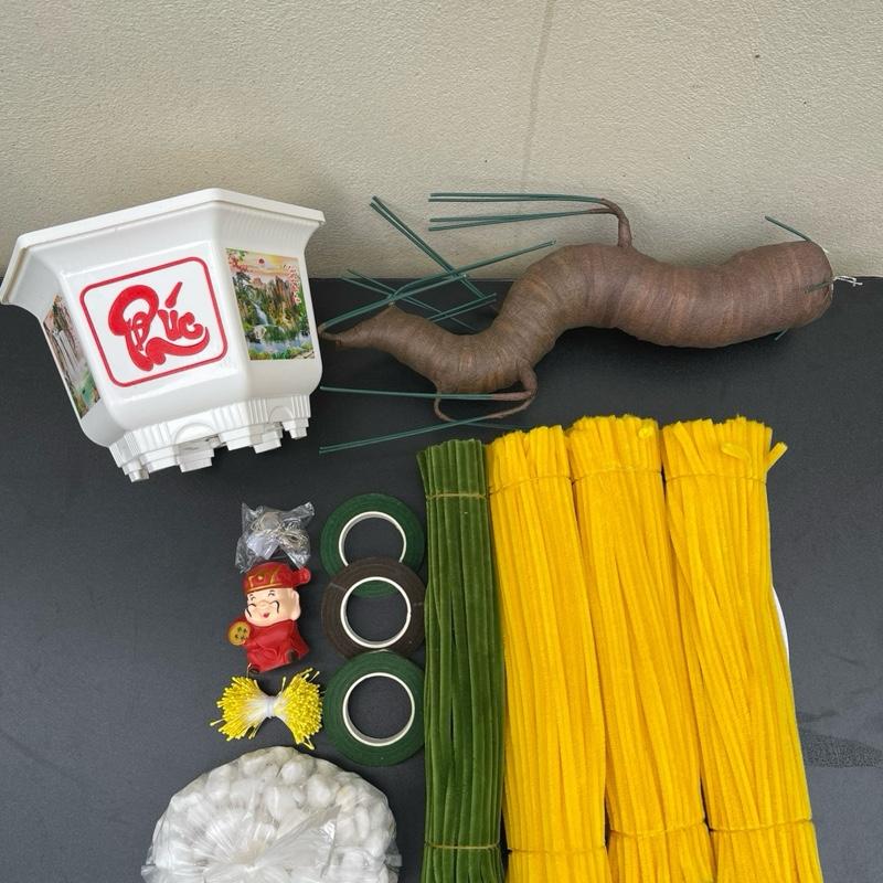  Combo Nguyên Liệu làm hoa Mai Đào bonsai từ kẽm nhung kèm chậu lục giác Phúc Lộc Thọ 
