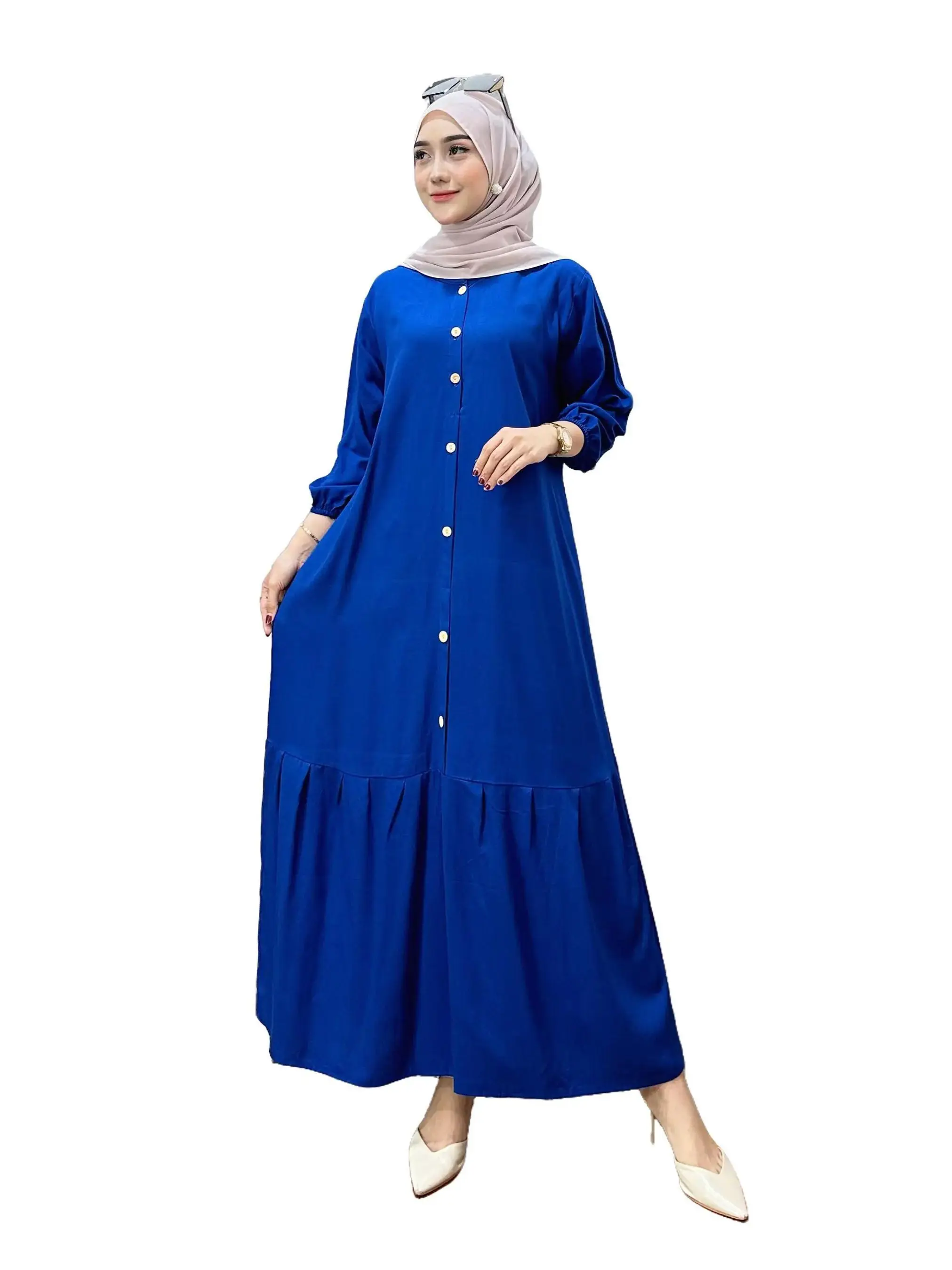 Gamis Midi Wanita Lengan Panjang rayon Polos Dress Remaja Dewasa simpel Muslim Hitam baju hari raya