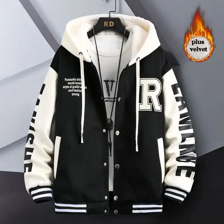 Jaket Basebal Hoodie Varsity Pria Wanita R Fanishe Bisa Cod Sweater Button Tebal Hitam Fleece Unisex