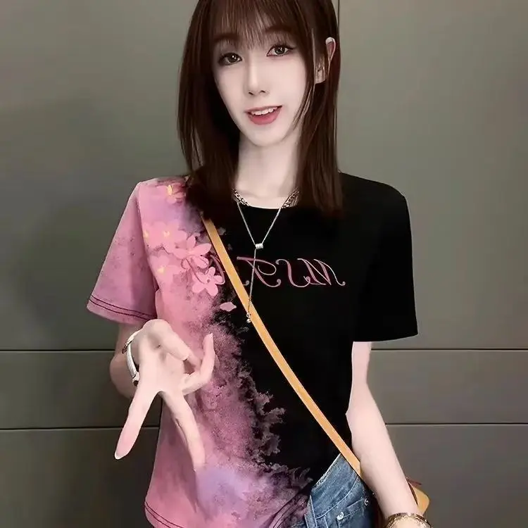 New Fashion Color Contrasting Short Sleeve Women's T-shirt Printed Loose Large Size Cutout Top Womenswear Lingerie
