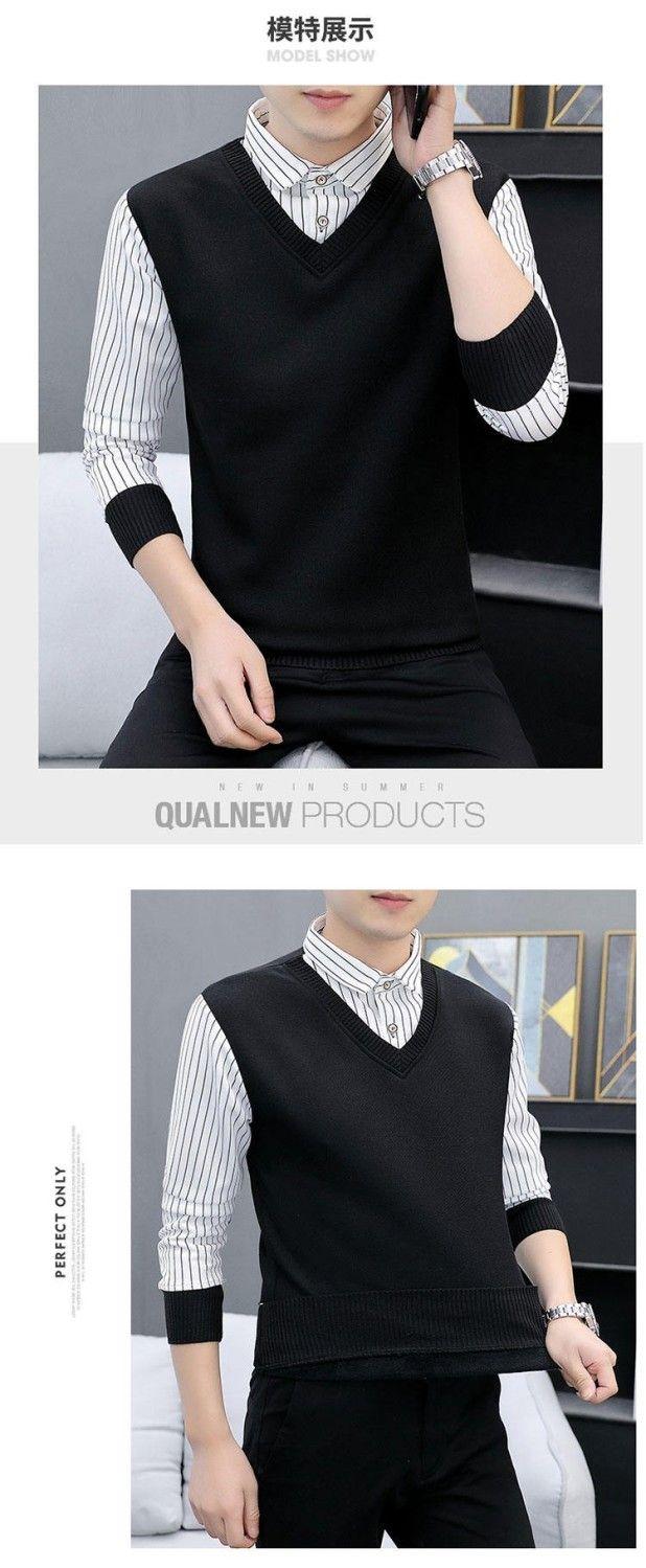 Product Introduction of Not Fleece-lined/Fleece-lined Autumn and Winter Men's Youth Top Sweater Warm Thickened Sweater Fake Two Pieces Shirts Men 5