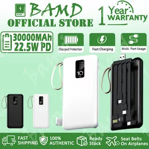Powerbank 30000mAh LED Display 4 Kabel Detachable Fast Charging & Tali Gantung untuk iOS/Android Ultra Slim Portable