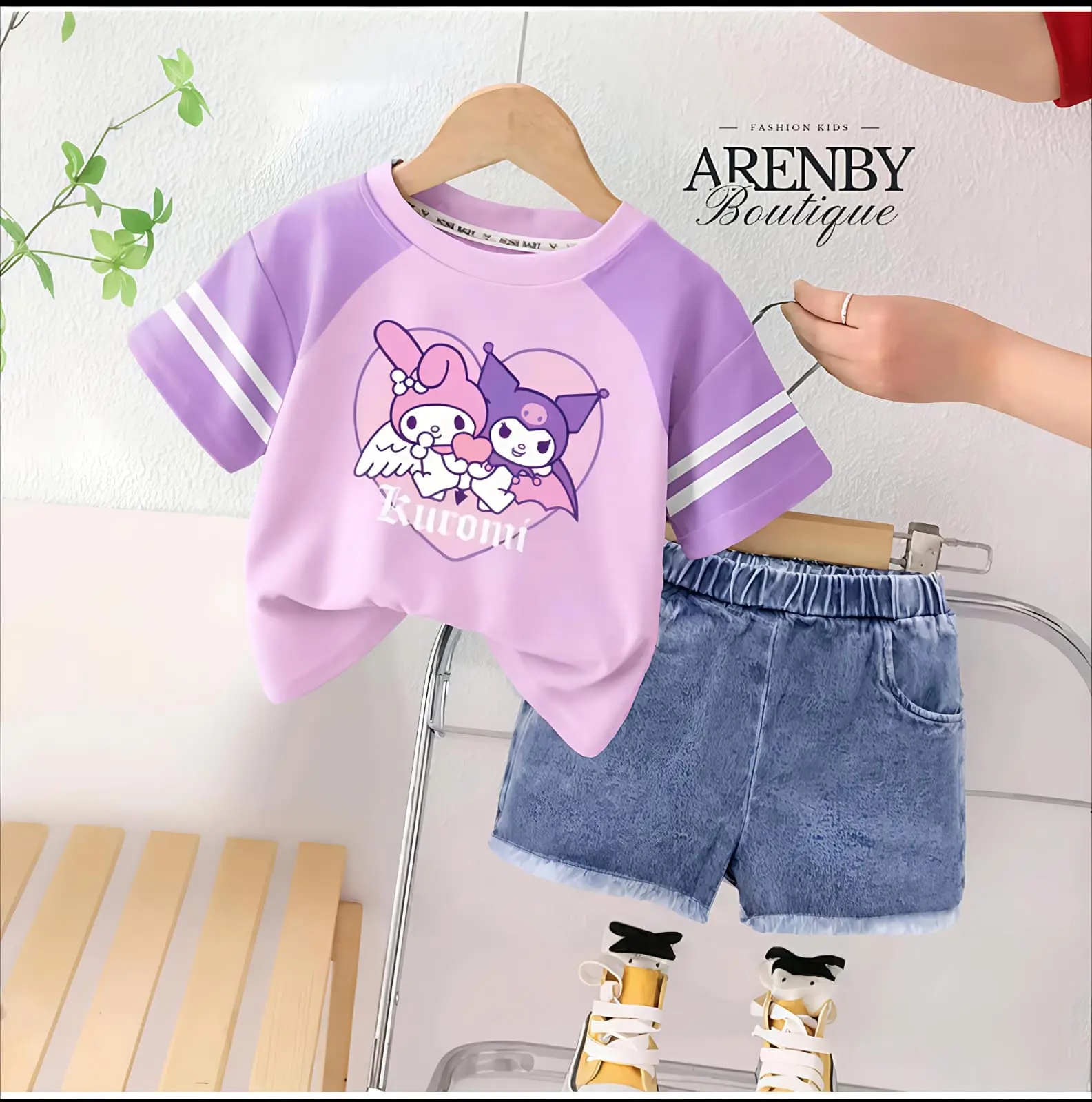 Baju Anak Perempuan Motif VN Kuromi Usia 1-6 Tahun Setelan Anak Katun Kaos & Celana Denim