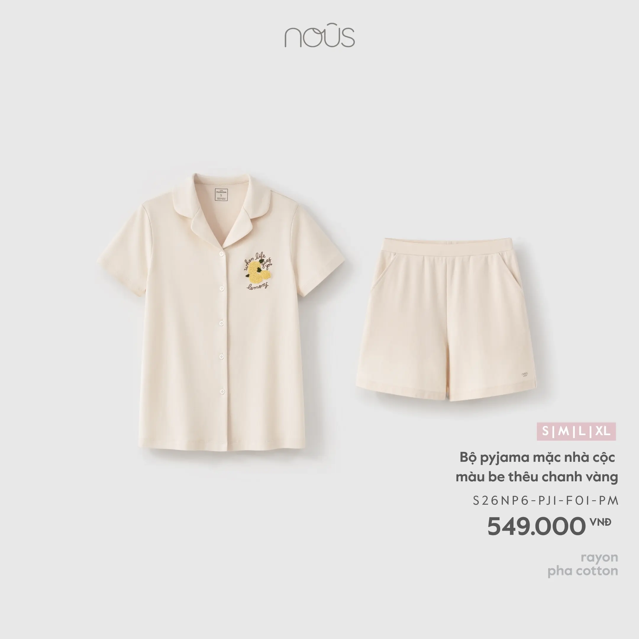 Bộ pyjama mặc nhà cộc màu be thêu chanh vàng Nous