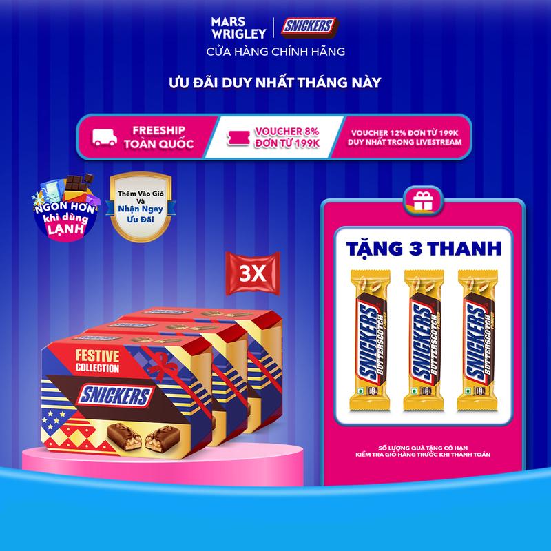   Tặng 3 thanh Socola Bơ Caramel 40g  Combo 3 túi Kẹo Tết Chocolate Snickers Funsize 240g  12 thanh x 3  bao bì Tết 