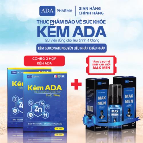 Combo 2 hộp kẽm ADA hộp 60 viên uống Tặng kèm 2 bọt vệ sinh Max Men Kẽm gluconate nguyên liệu nhập khẩu Pháp - Hỗ trợ tăng cường sức khoẻ