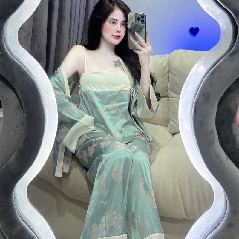 Đồ Bộ Ngủ Nữ Chất Lụa Latin, Lụa Gấm) Mềm Mịn Sét 3 Món Phối Ren Chuẩn QCCC Free size 40 - 60kg